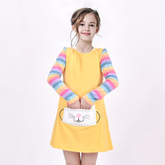 Girls Dress Long Sleeve Daisy Flower Striped Casual Cotton Size 3-12 Years