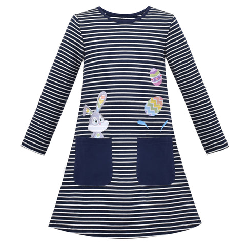 Girls Dress Long Sleeve Daisy Flower Striped Casual Cotton Size 3-12 Years
