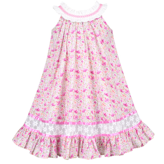 Girls Dress Spring Pink Spaghetti Suspender Floral Ruffle Sleeveless Size 4-8 Years