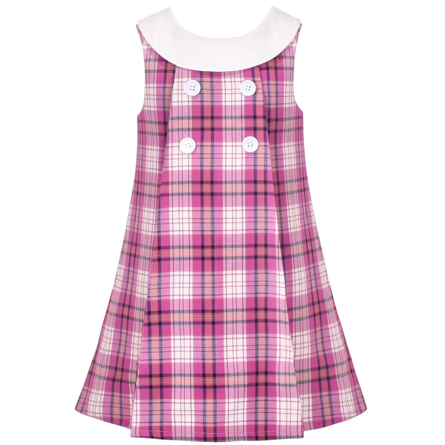 Sunny Fashion Girls Pink Plaid A-Line Dress with Bow Tie Collar