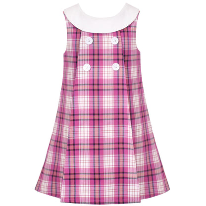Sunny Fashion Girls Pink Plaid A-Line Dress with Bow Tie Collar