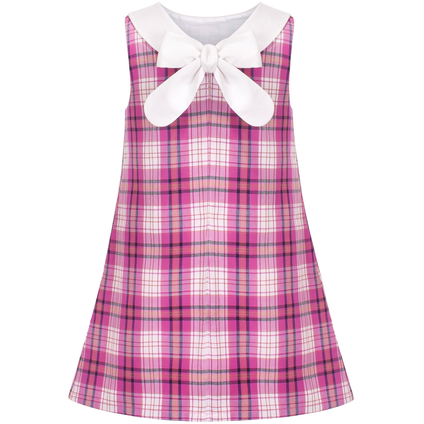 Sunny Fashion Girls Pink Plaid A-Line Dress with Bow Tie Collar