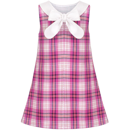 Sunny Fashion Girls Pink Plaid A-Line Dress with Bow Tie Collar