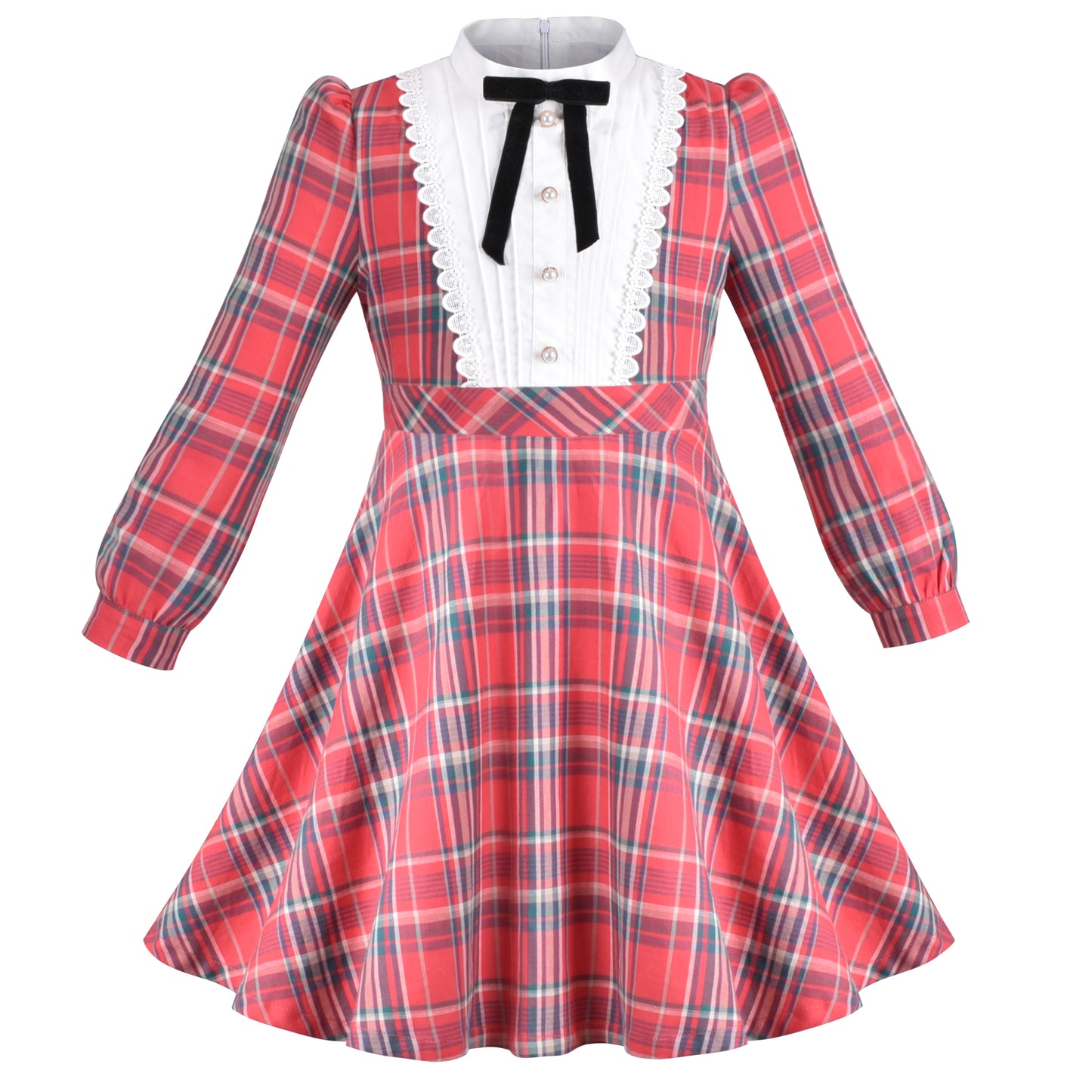 Girls Dress Checkered Lace Ruffle Skirt Long Sleeve Christmas Size 4-12 Years