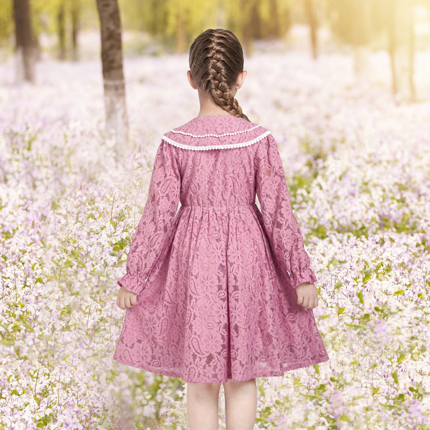 Girls Dress Flower Lace Collar Skirt Dress Size 4-14 Years