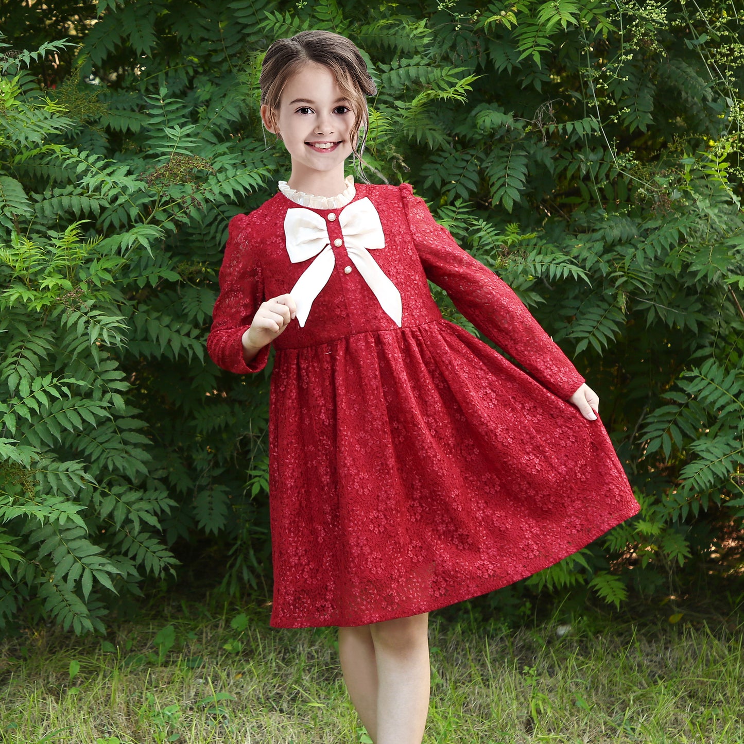 Girls Dress Flower Lace Collar Skirt Dress Size 4-14 Years