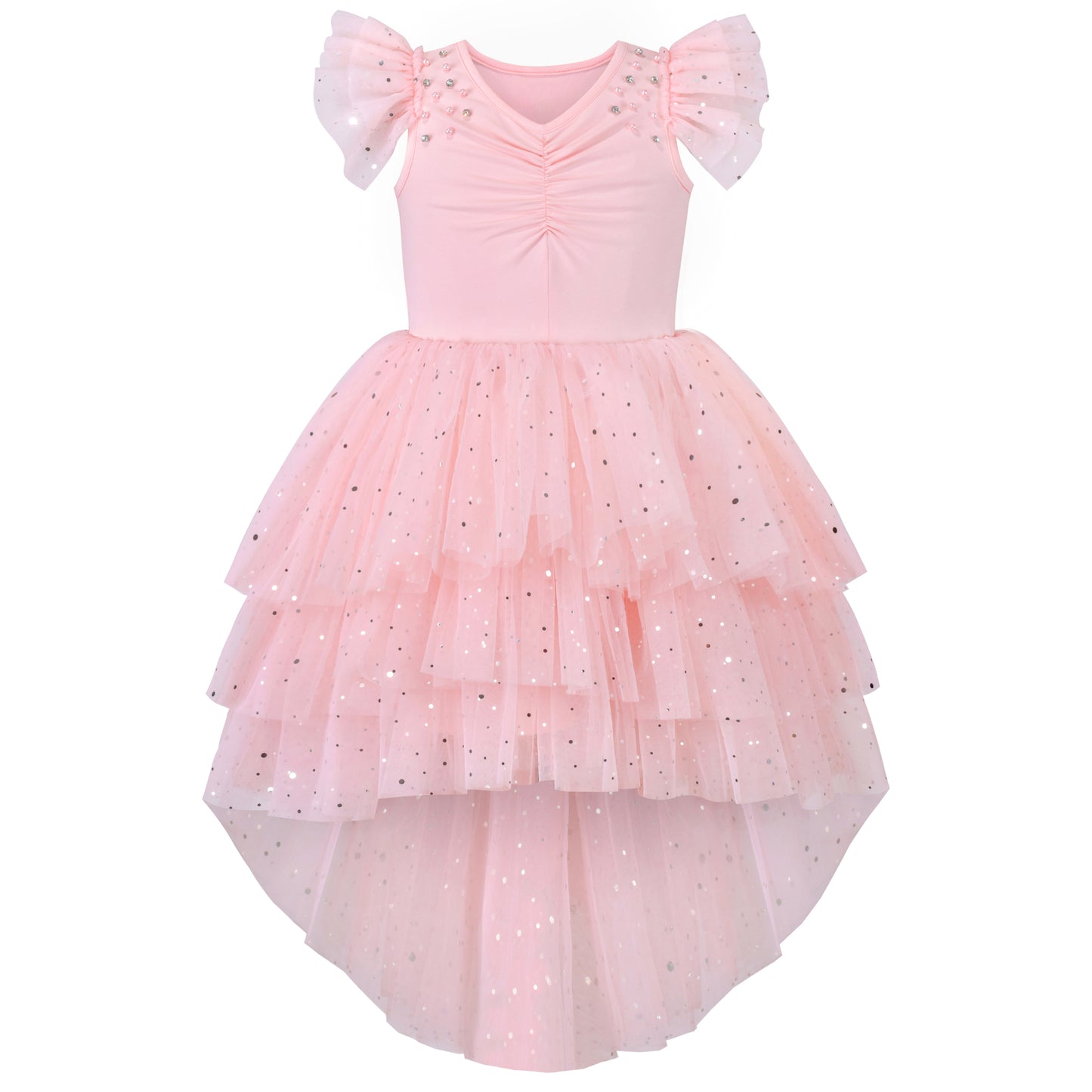 Girls Dress Sequin Wedding Hi-low Tulle Skirt Tutu Flutter Sleeve Size 3-12 Years