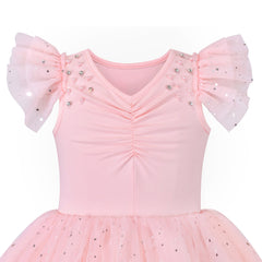 Girls Dress Sequin Wedding Hi-low Tulle Skirt Tutu Flutter Sleeve Size 3-12 Years