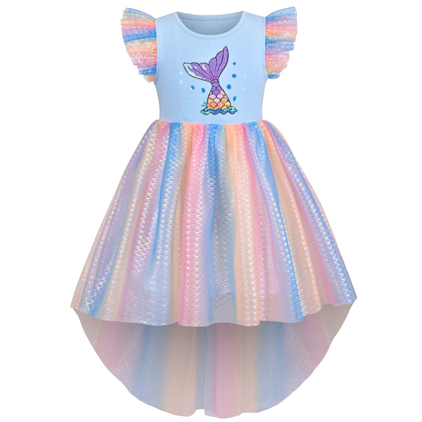 Girls Dress Sequin Wedding Hi-low Tulle Skirt Tutu Flutter Sleeve Size 3-12 Years