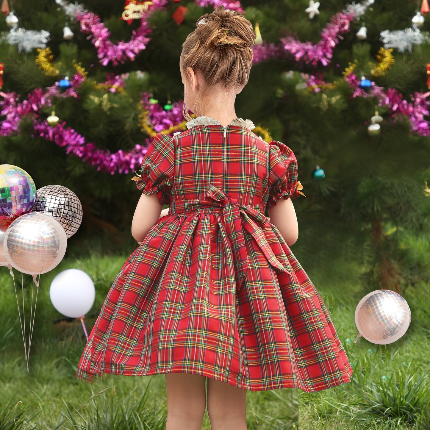 Girls Dress Checkered Lace Ruffle Skirt Long Sleeve Christmas Size 4-12 Years