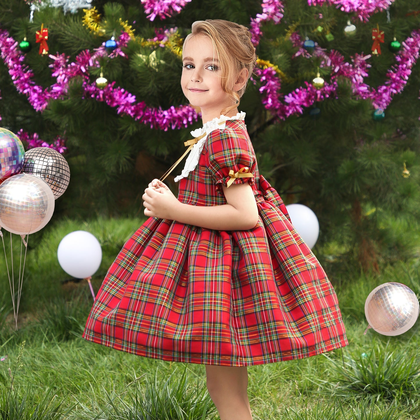Girls Dress Checkered Lace Ruffle Skirt Long Sleeve Christmas Size 4-12 Years