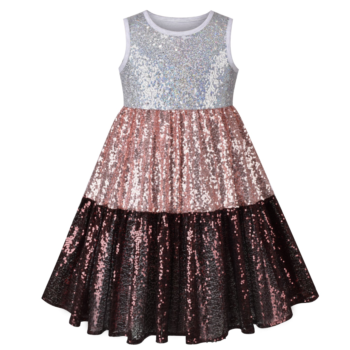 Girls Dress Shiny Glitter Sequin Color Block Sleeveless Size 4-10 Years
