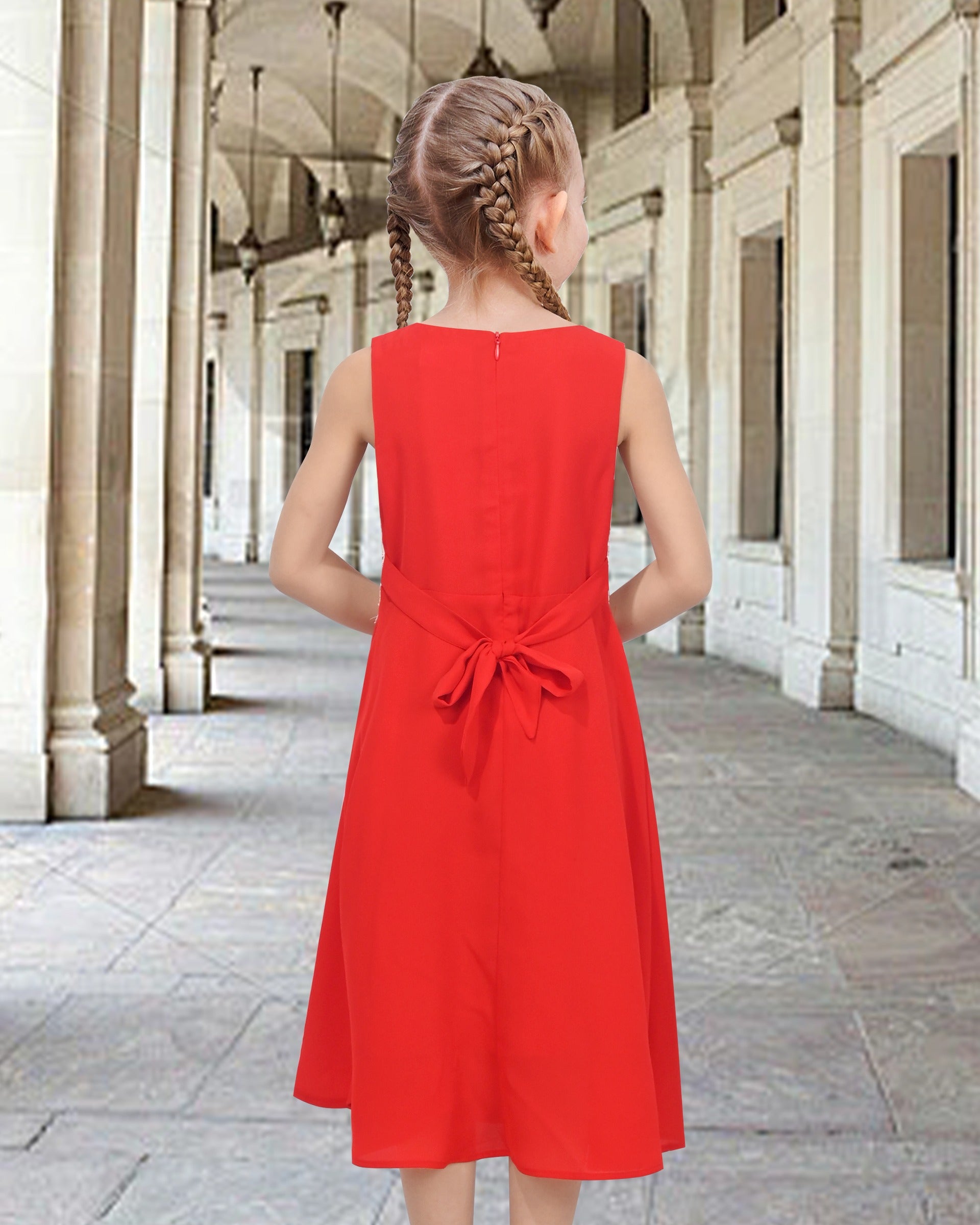 Girls Red Sleeveless Calf Length Lace Chiffon Special Occasion Wedding Party Dress Red