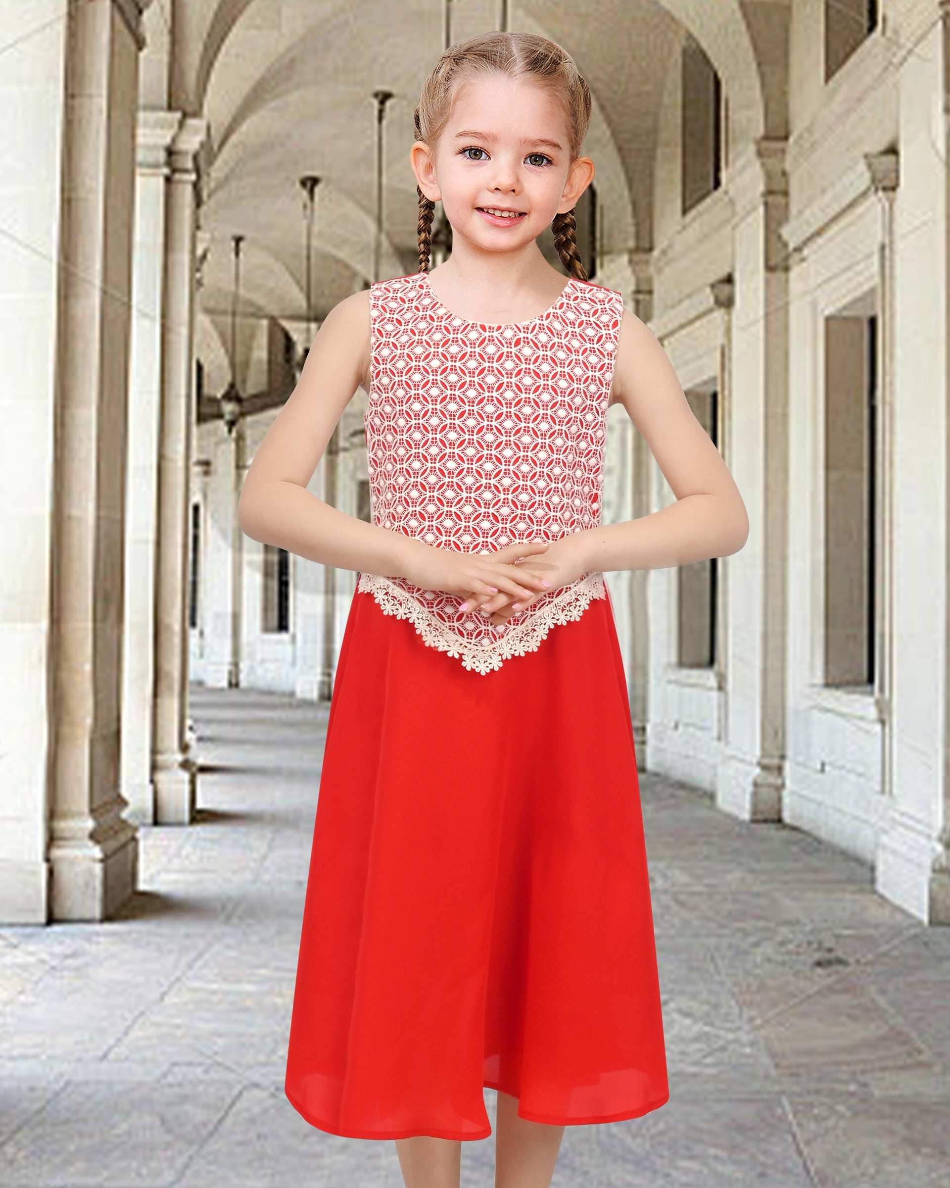 Girls Red Sleeveless Calf Length Lace Chiffon Special Occasion Wedding Party Dress Red