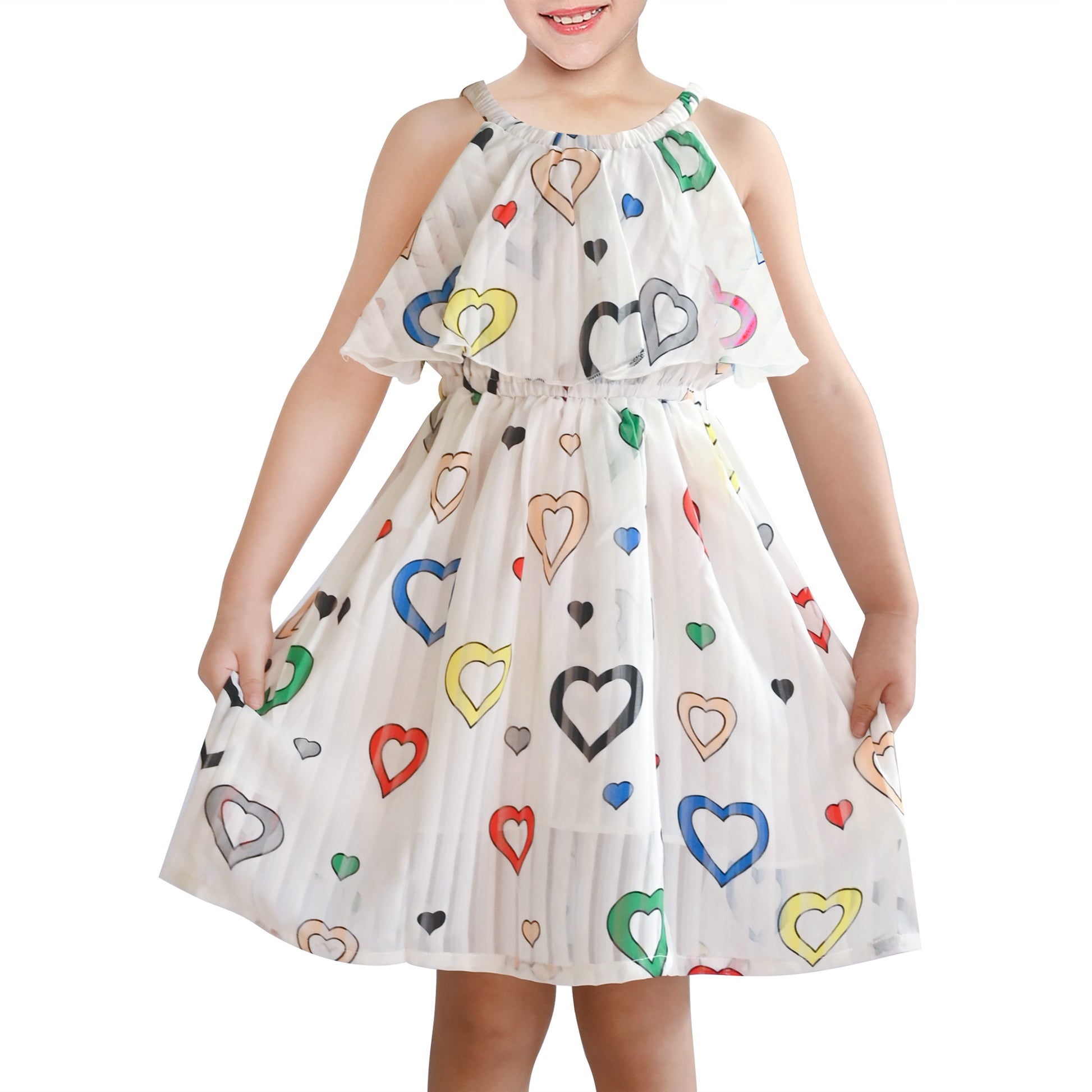 Girls Dress White Colorful Hearts Halter Neck Print Lovely Sundress Summer White Colorful Hearts