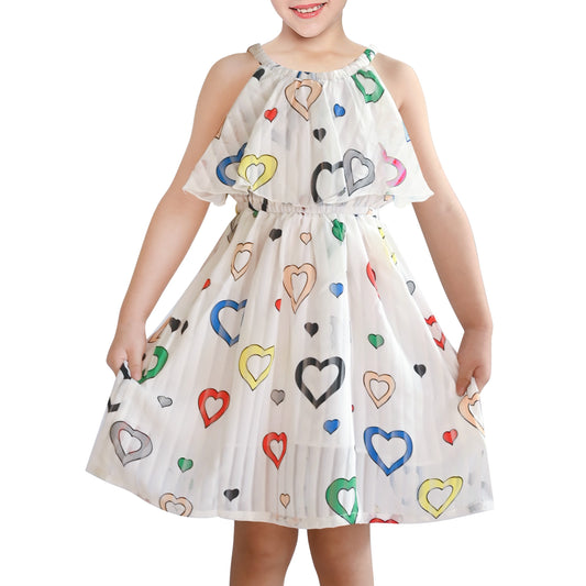 Girls Dress White Colorful Hearts Halter Neck Print Lovely Sundress Summer White Colorful Hearts