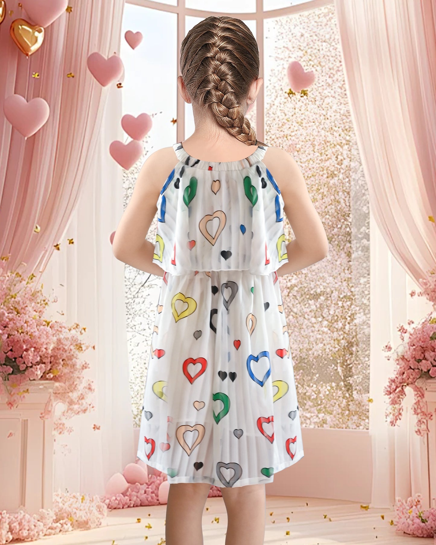 Girls Dress White Colorful Hearts Halter Neck Print Lovely Sundress Summer White Colorful Hearts