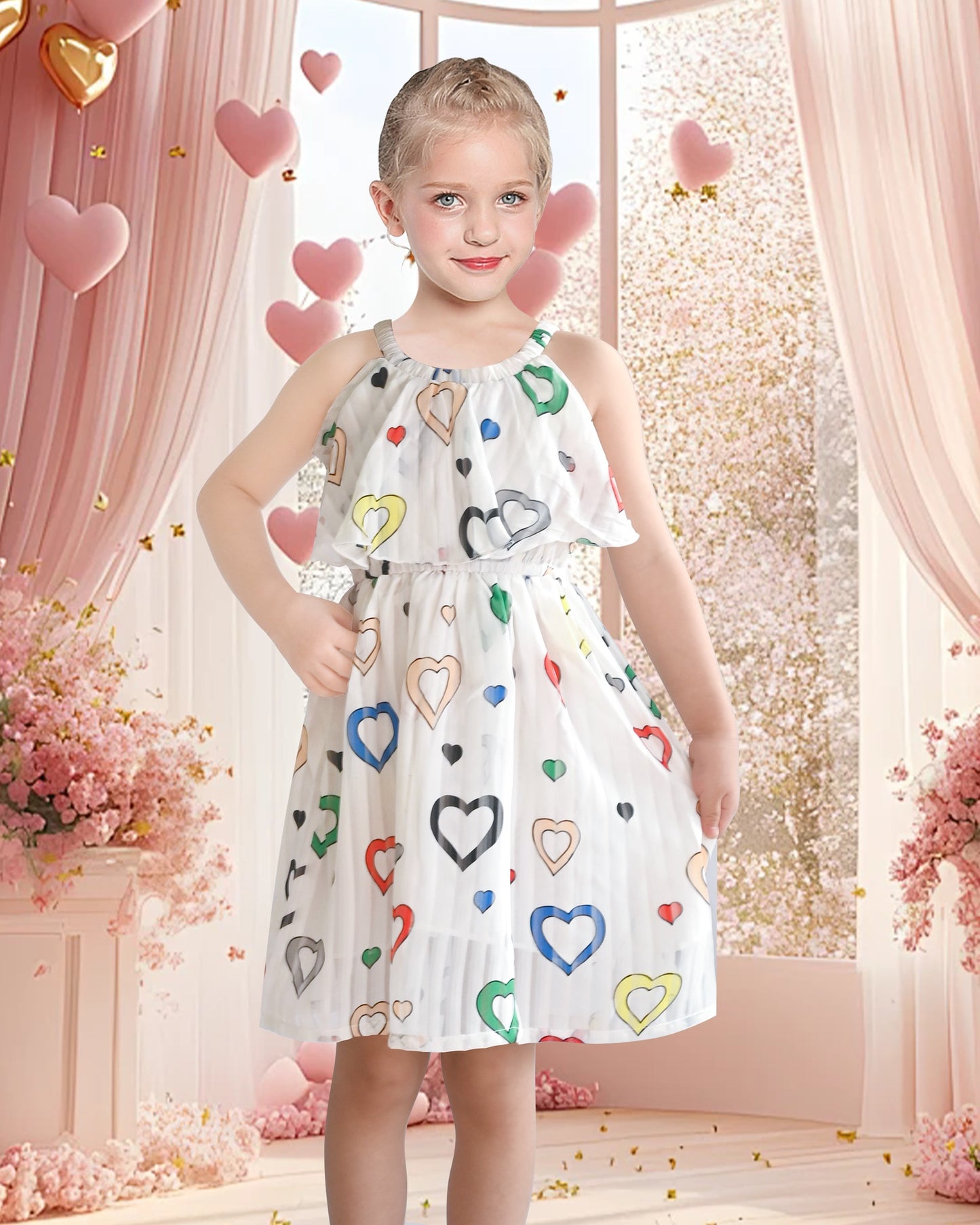 Girls Dress White Colorful Hearts Halter Neck Print Lovely Sundress Summer White Colorful Hearts