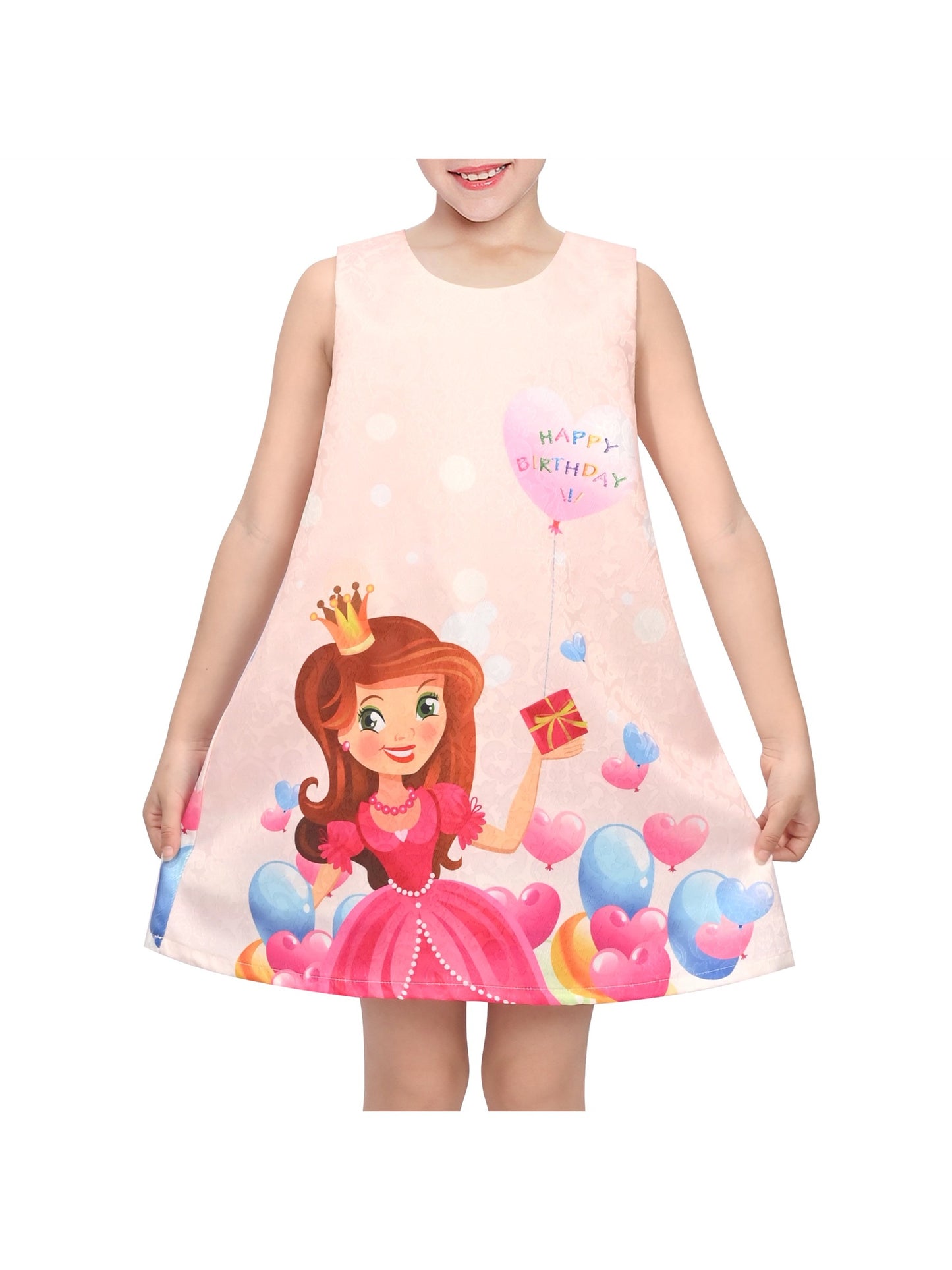Girls Sleeveless A-Line Dress Satin Colorful Floral Print Knee Length Casual Beach Party Summer Holiday Pink Balloon Birthday