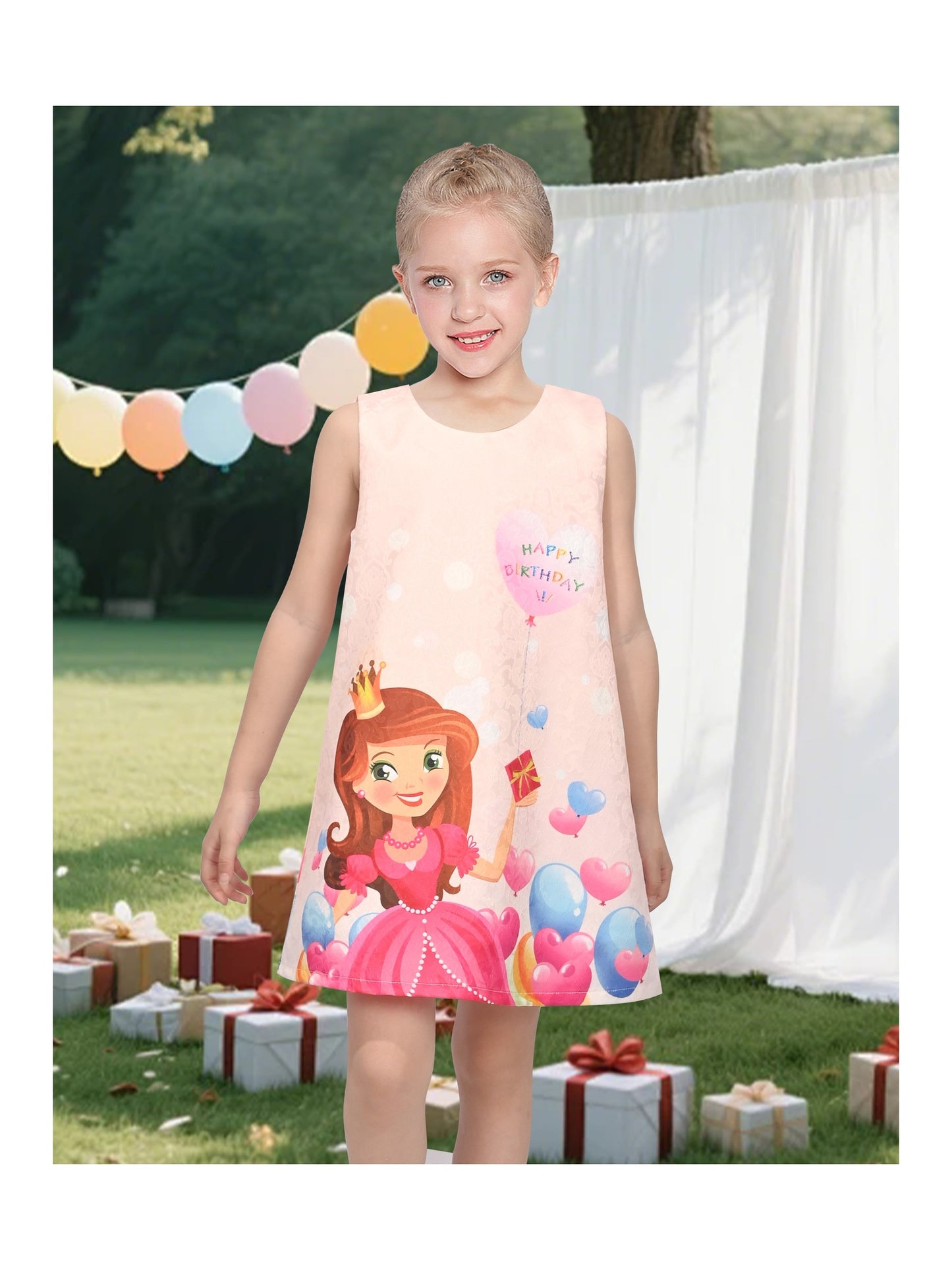 Girls Sleeveless A-Line Dress Satin Colorful Floral Print Knee Length Casual Beach Party Summer Holiday Pink Balloon Birthday