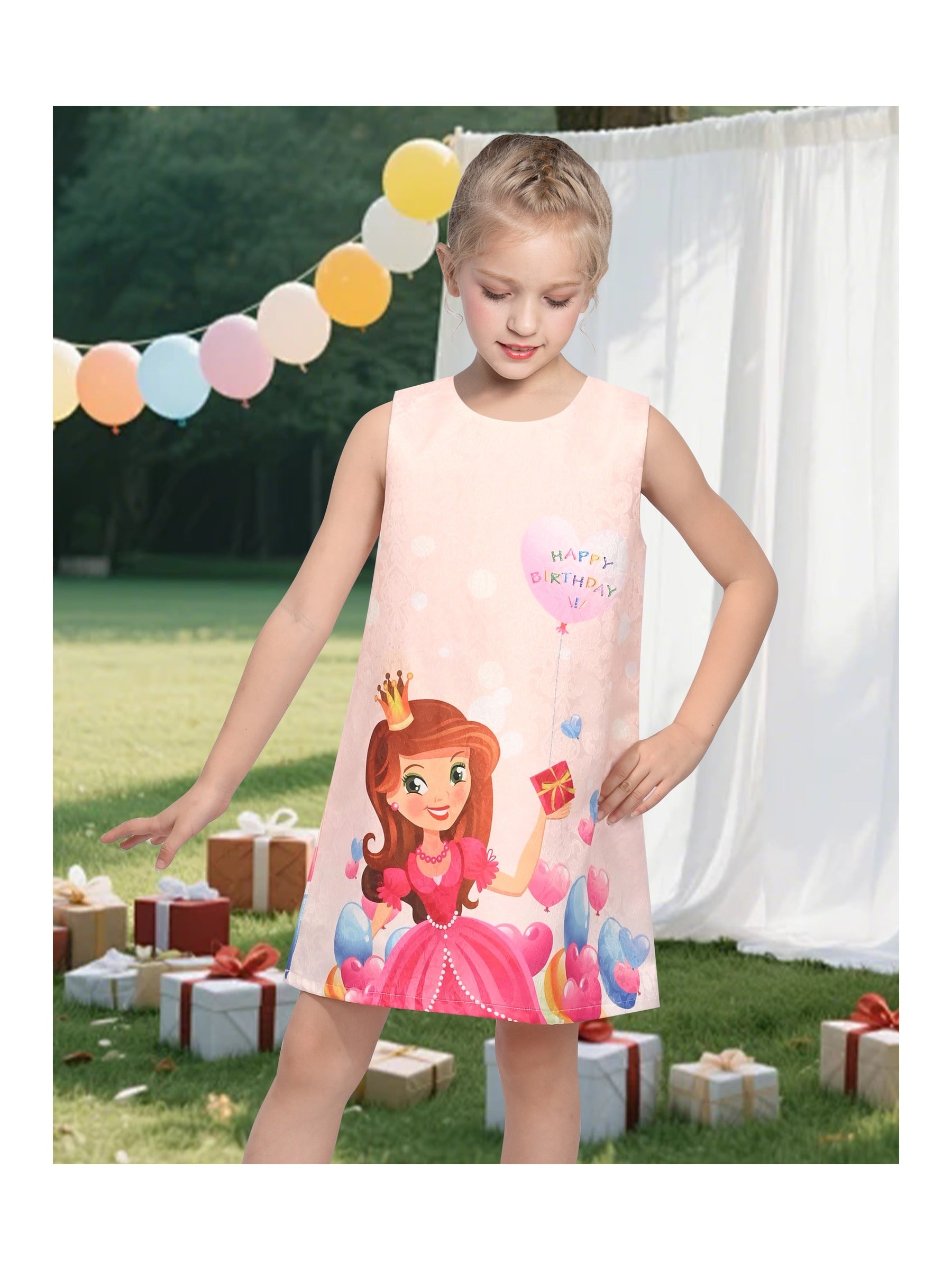 Girls Sleeveless A-Line Dress Satin Colorful Floral Print Knee Length Casual Beach Party Summer Holiday Pink Balloon Birthday