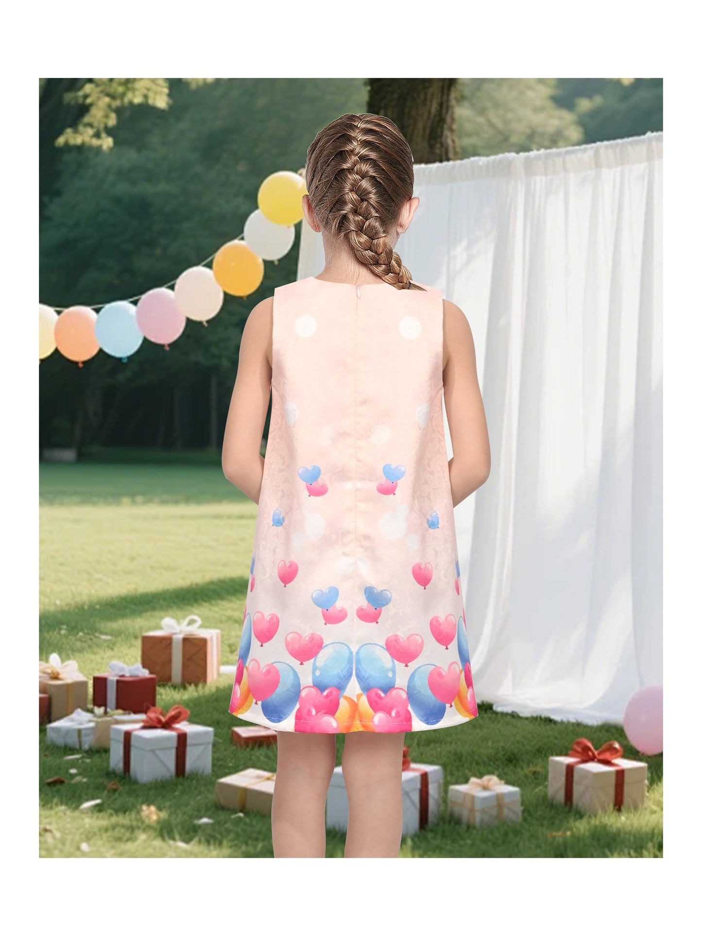 Girls Sleeveless A-Line Dress Satin Colorful Floral Print Knee Length Casual Beach Party Summer Holiday Pink Balloon Birthday