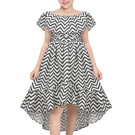 Girls Dress Black White Chevron Off Shoulder Sleeveless Casual High Low Chiffon Sundress Black White Chevron