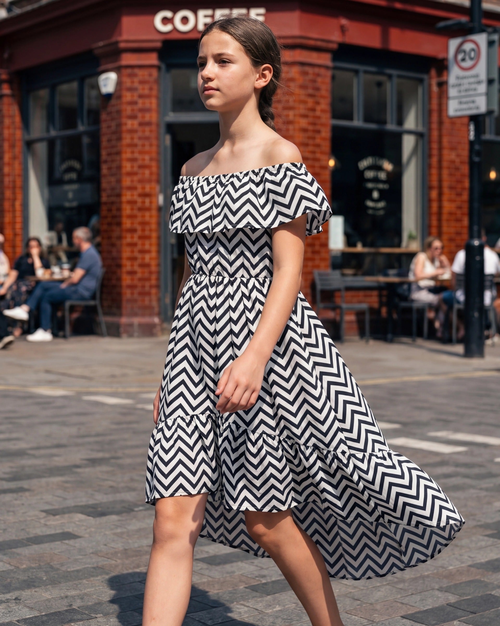 Girls Dress Black White Chevron Off Shoulder Sleeveless Casual High Low Chiffon Sundress Black White Chevron