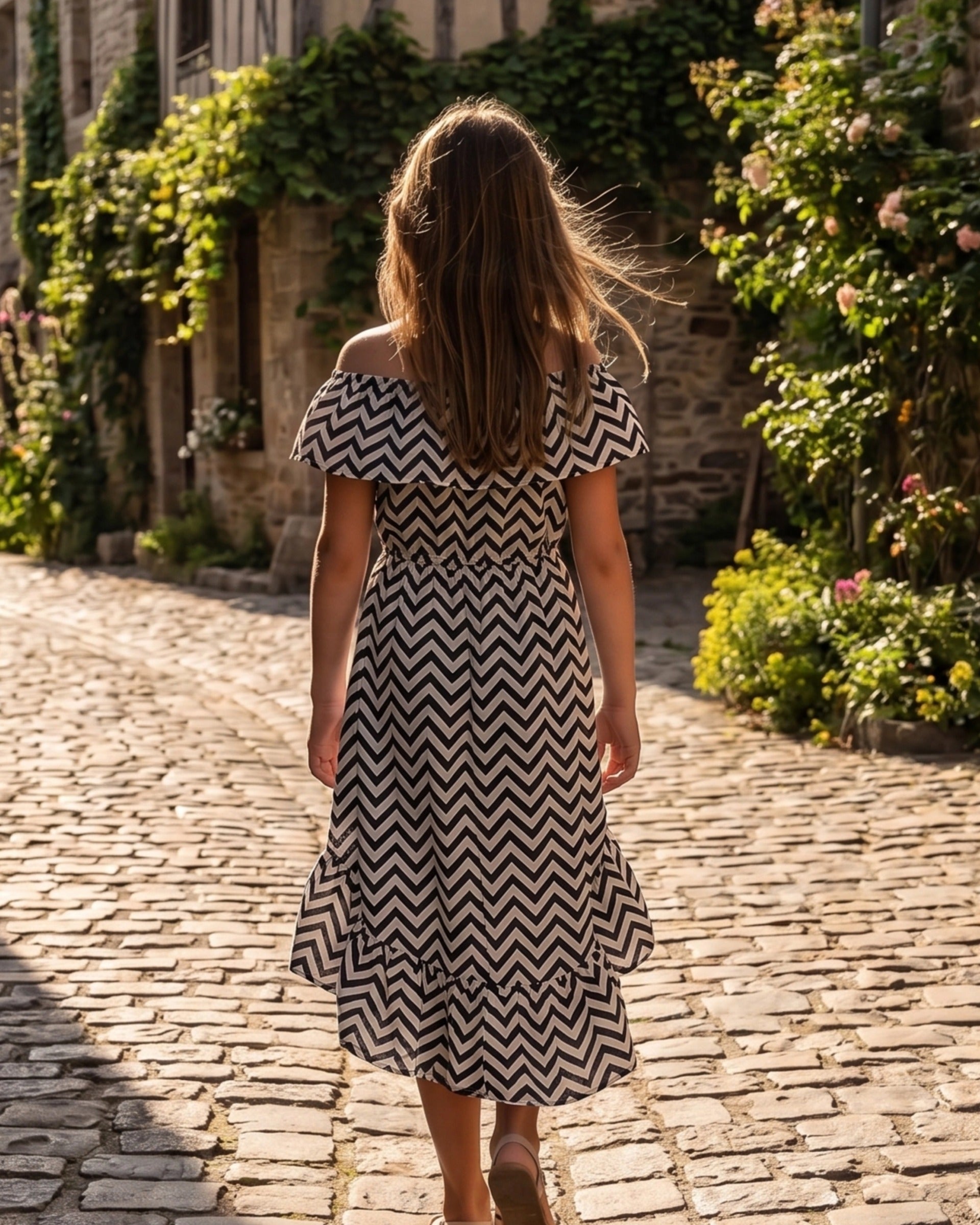 Girls Dress Black White Chevron Off Shoulder Sleeveless Casual High Low Chiffon Sundress Black White Chevron