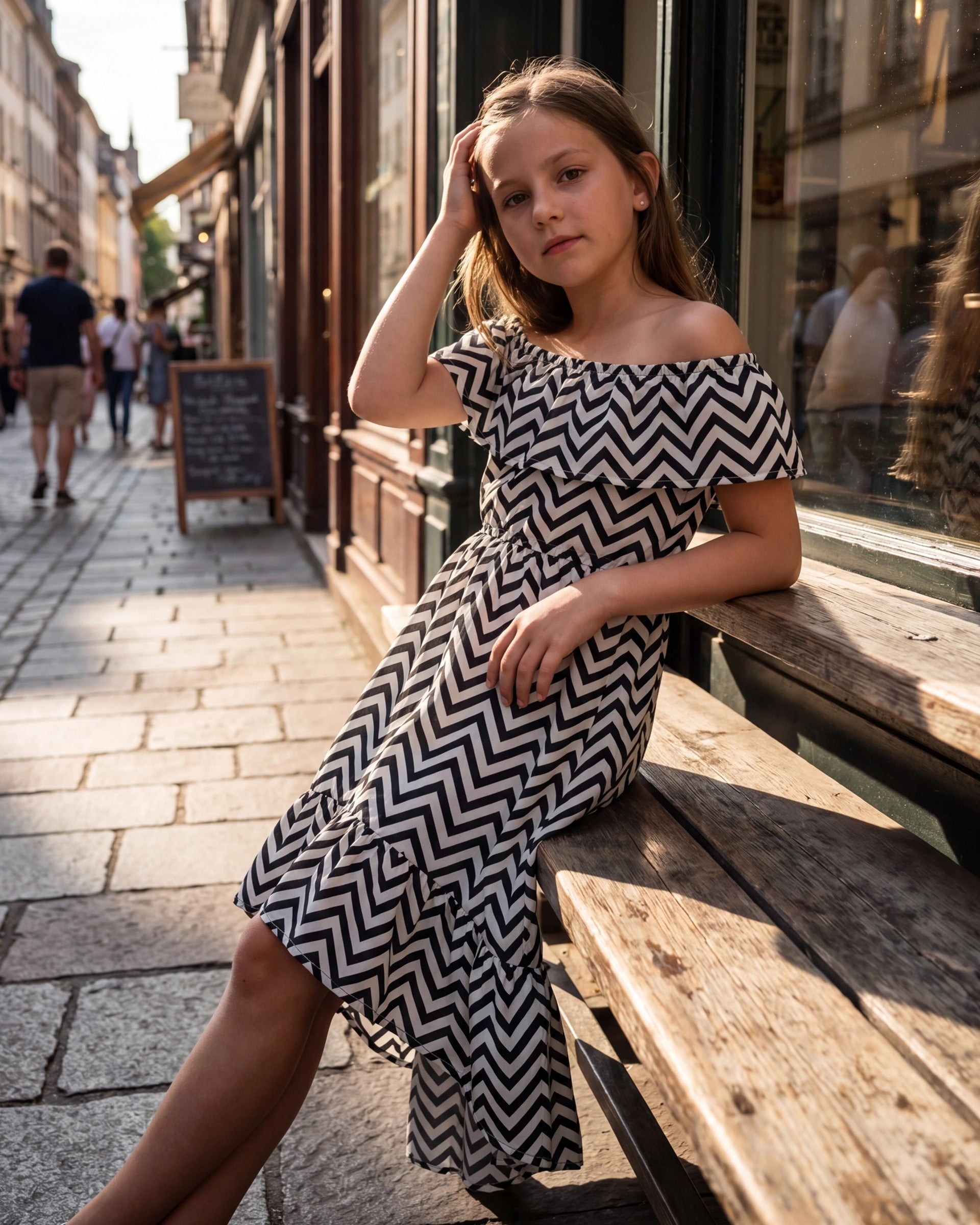 Girls Dress Black White Chevron Off Shoulder Sleeveless Casual High Low Chiffon Sundress Black White Chevron