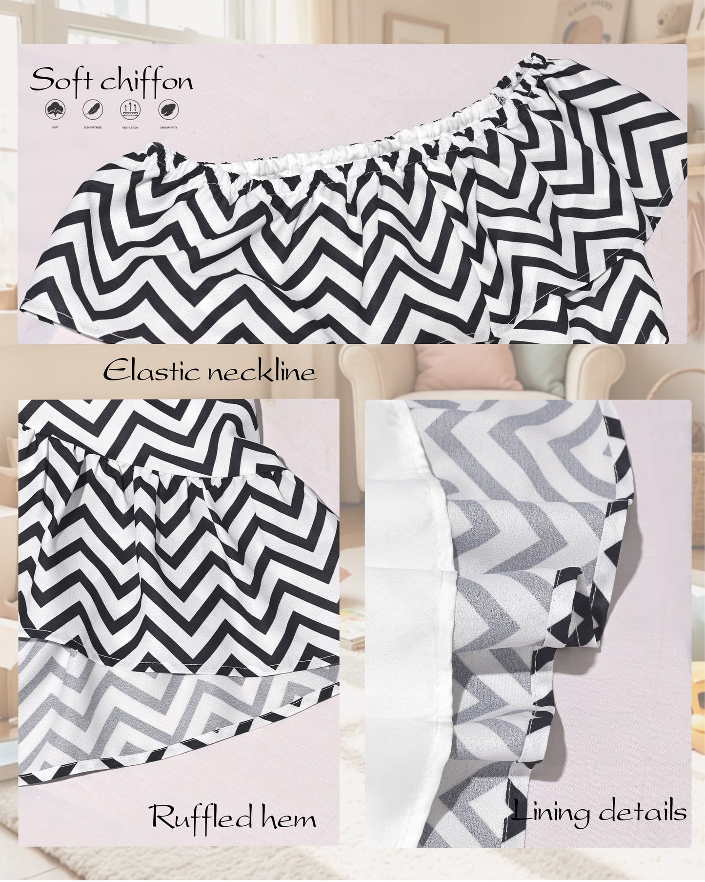 Girls Dress Black White Chevron Off Shoulder Sleeveless Casual High Low Chiffon Sundress Black White Chevron