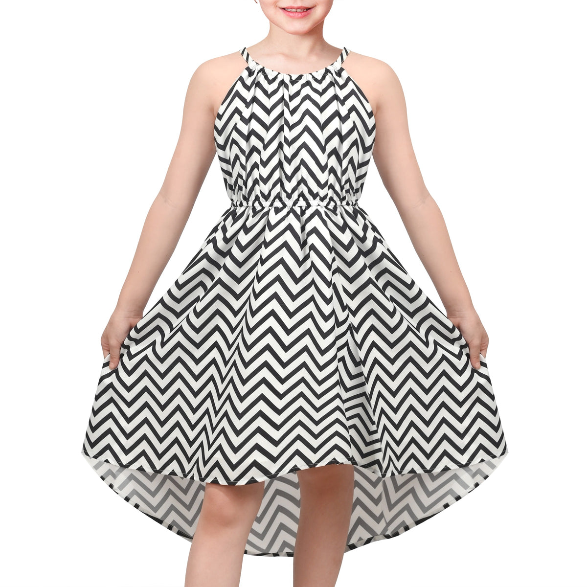 Girls Dress Red Heart Love Sleeveless Valentine's Day Slip Dress - Black White Chevron