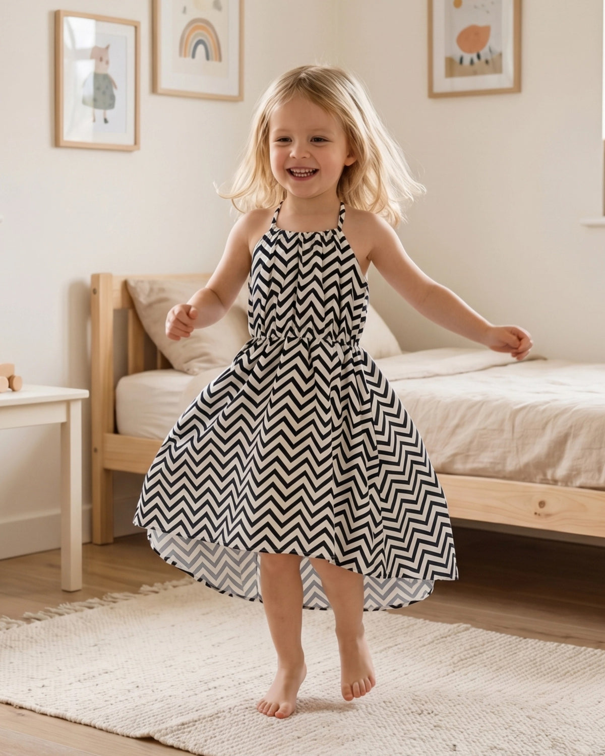 Girls Dress Red Heart Love Sleeveless Valentine's Day Slip Dress - Black White Chevron