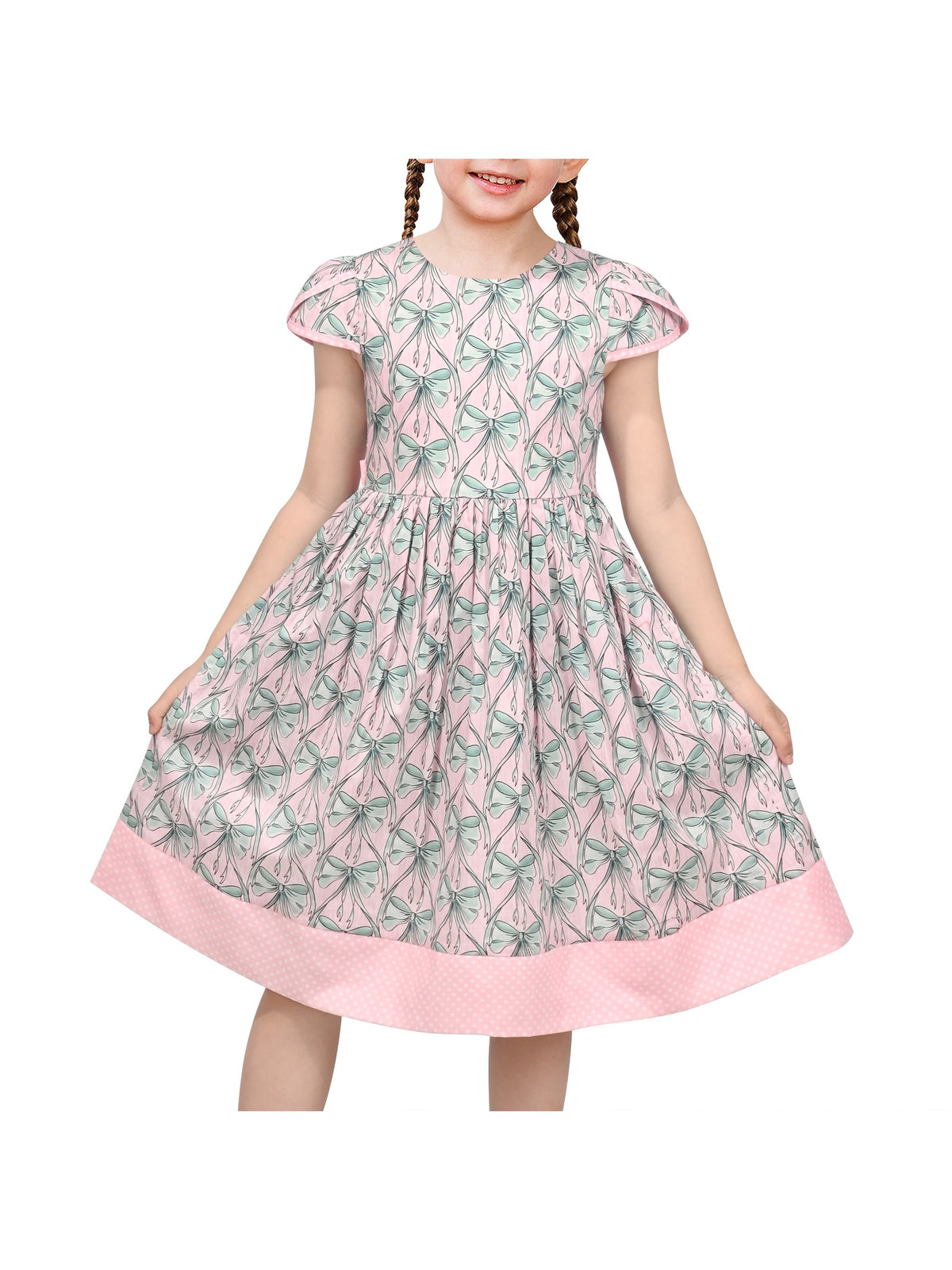 Girls Dress Pink Bow Polka Dot Print Puff Sleeve Casual Cotton Dress With Pockets Pink Bow