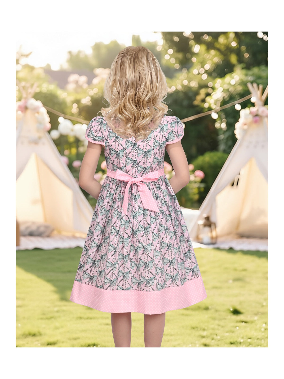 Girls Dress Pink Bow Polka Dot Print Puff Sleeve Casual Cotton Dress With Pockets Pink Bow