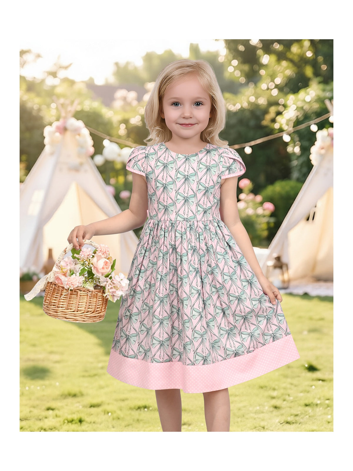 Girls Dress Pink Bow Polka Dot Print Puff Sleeve Casual Cotton Dress With Pockets Pink Bow