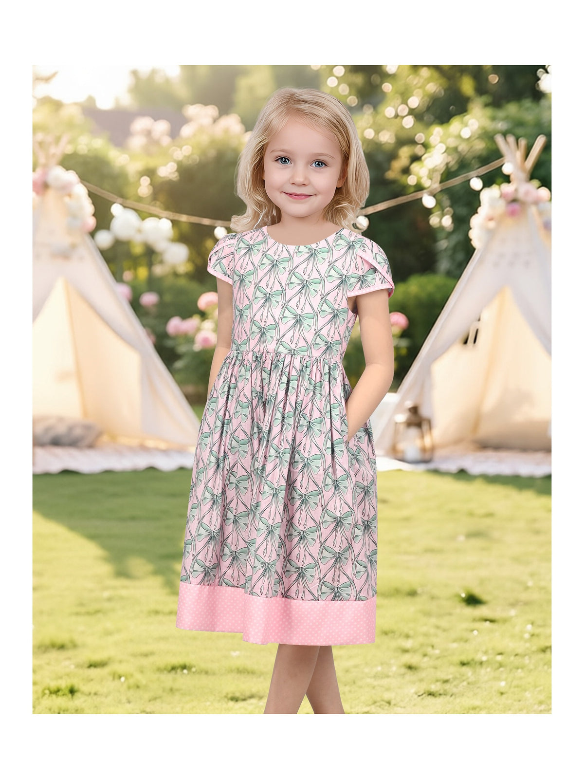Girls Dress Pink Bow Polka Dot Print Puff Sleeve Casual Cotton Dress With Pockets Pink Bow