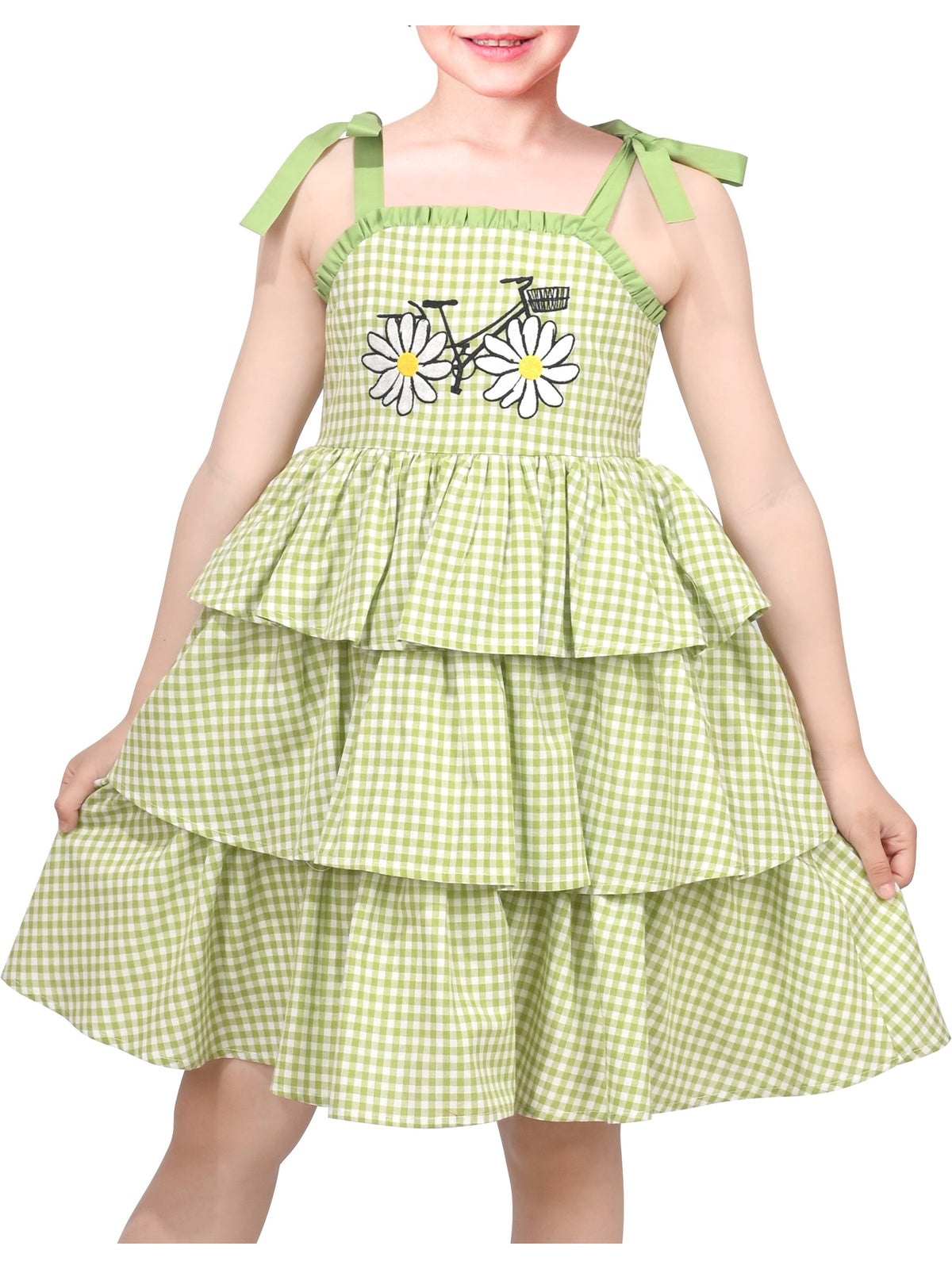 Girls Dress Spaghetti Gingham Ruffle Blush Pink Cake Layer Cute Summer Light Green Checkered
