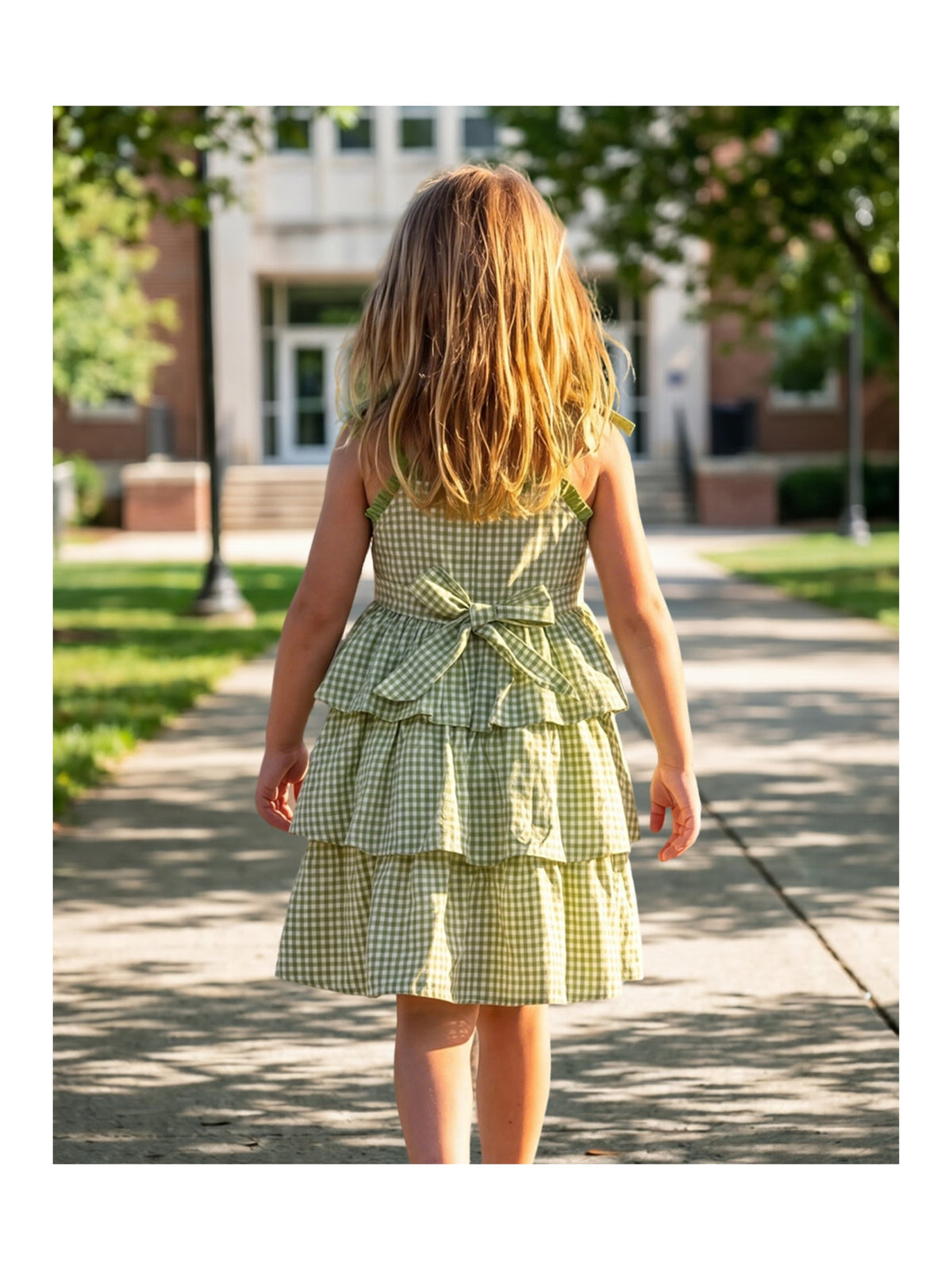 Girls Dress Spaghetti Gingham Ruffle Blush Pink Cake Layer Cute Summer Light Green Checkered
