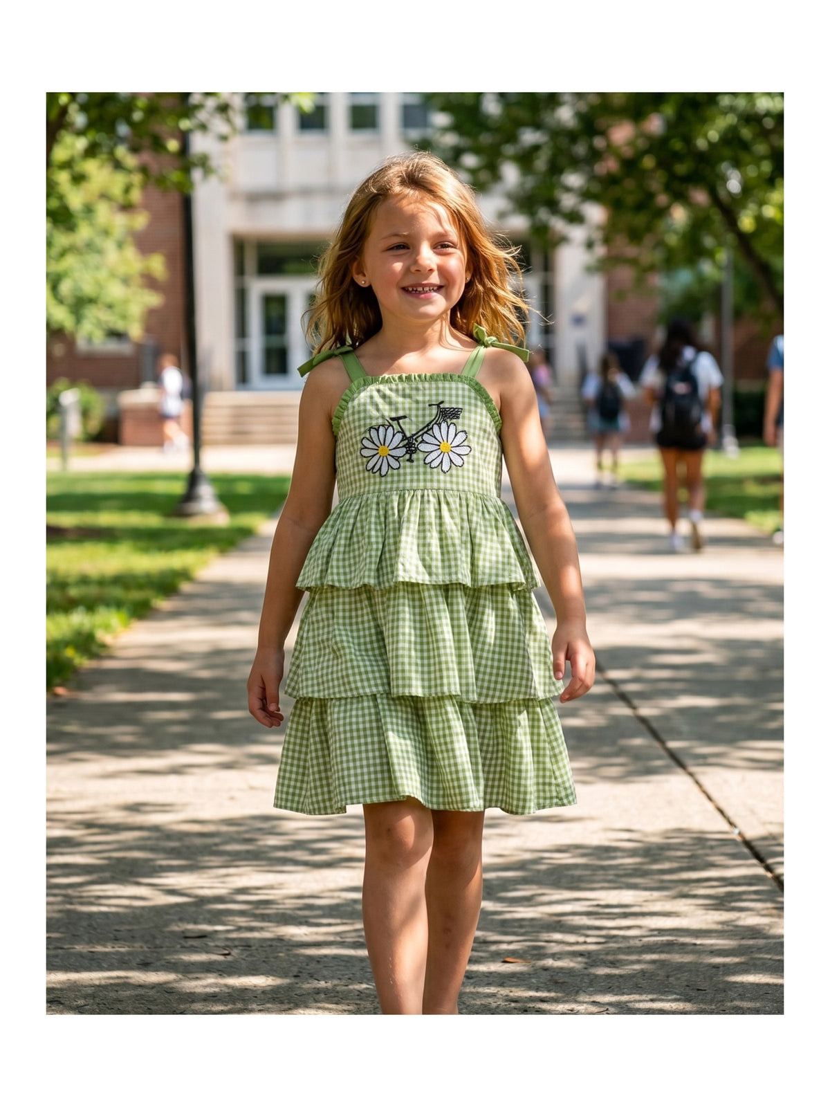 Girls Dress Spaghetti Gingham Ruffle Blush Pink Cake Layer Cute Summer Light Green Checkered