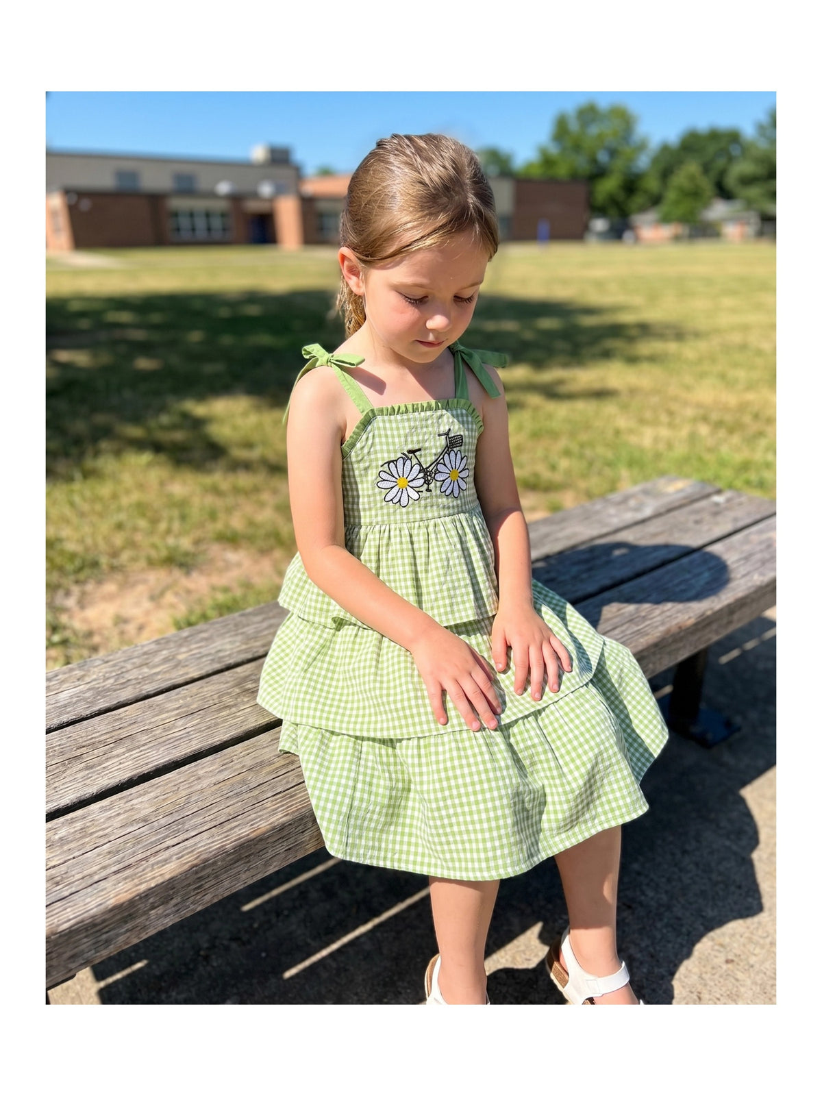 Girls Dress Spaghetti Gingham Ruffle Blush Pink Cake Layer Cute Summer Light Green Checkered
