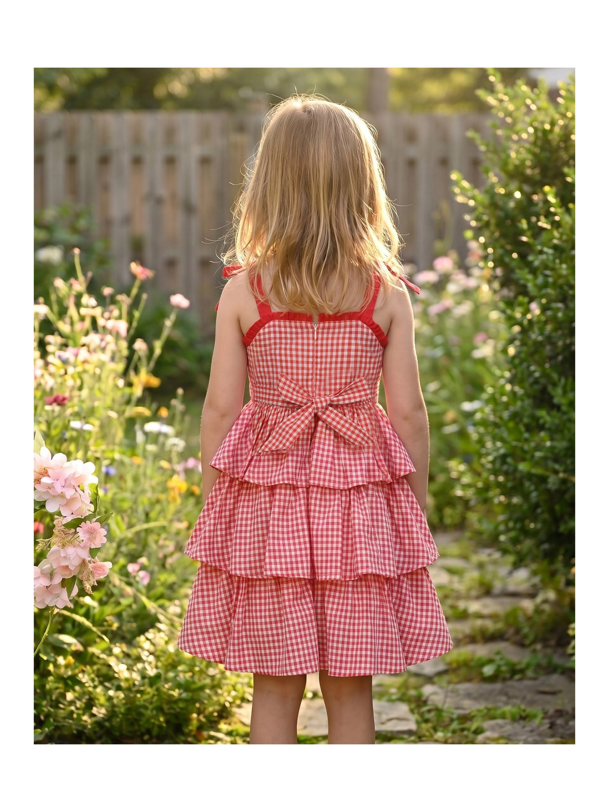Girls Dress Spaghetti Gingham Ruffle Blush Pink Cake Layer Cute Summer Red Gingham