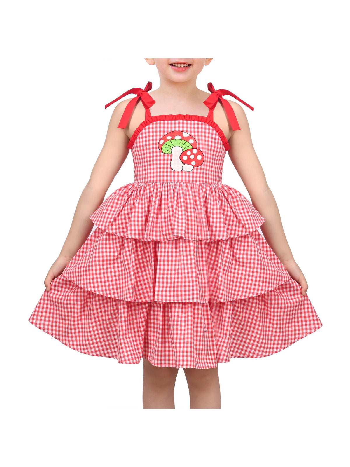 Girls Dress Spaghetti Gingham Ruffle Blush Pink Cake Layer Cute Summer Red Gingham