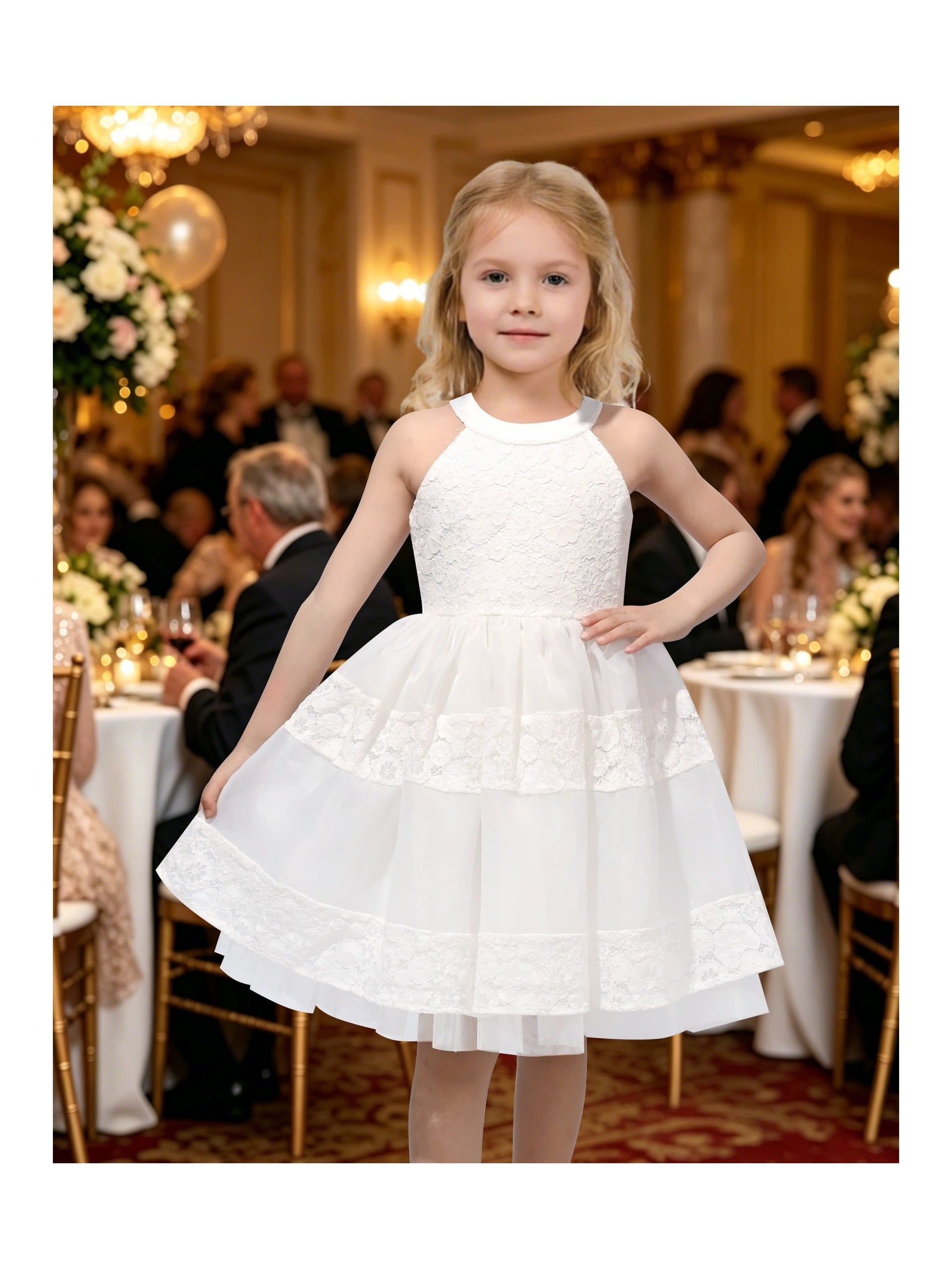 Girls Dress White Lace Halter Sleeveless Special Occasion Formal Party Summer Dresses White Lace