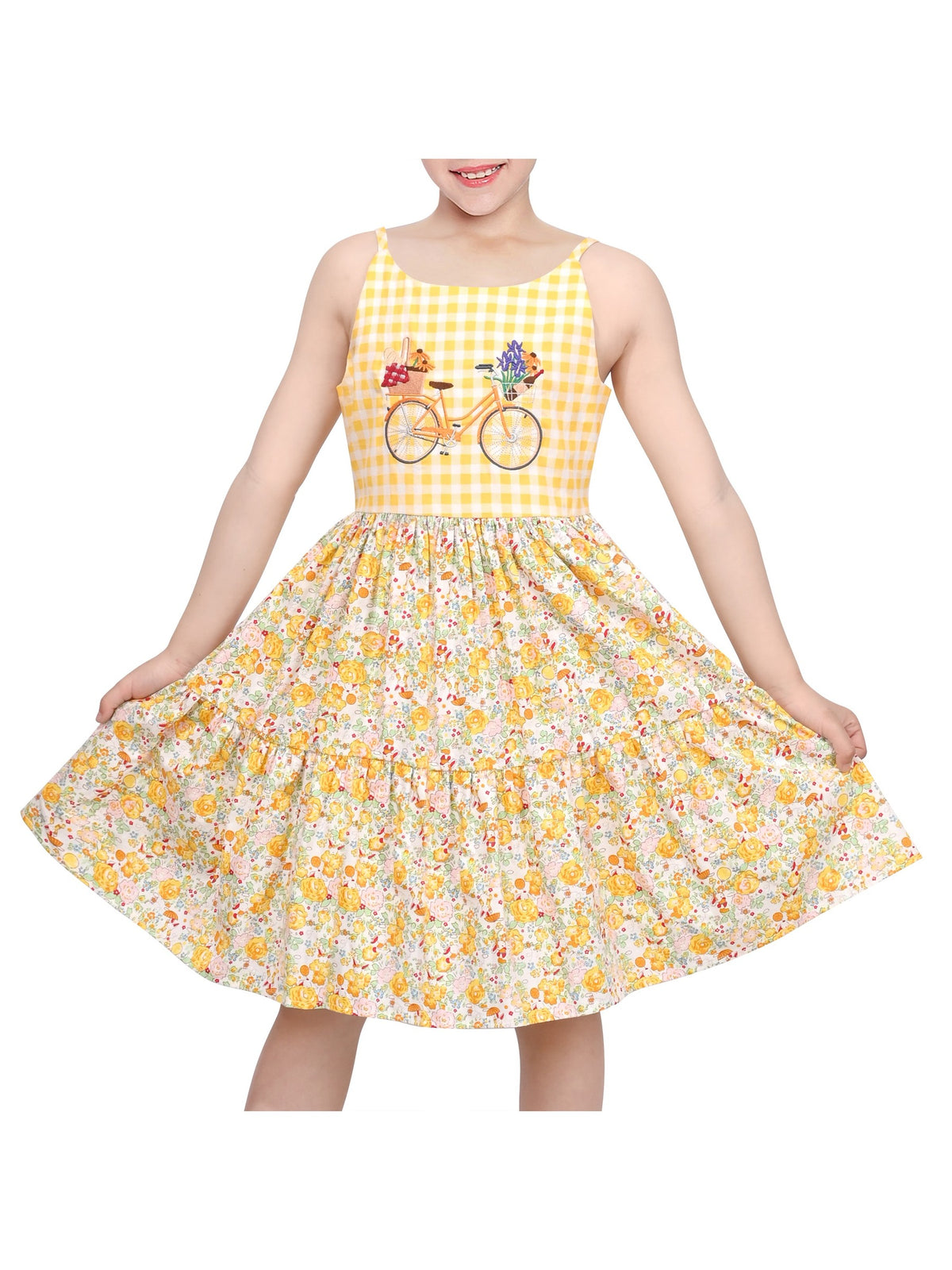 Girls Dress Yellow Gingham Bicycle Embroidery Sleeveless Casual Summer Cotton Sundress Yellow Floral Gingham