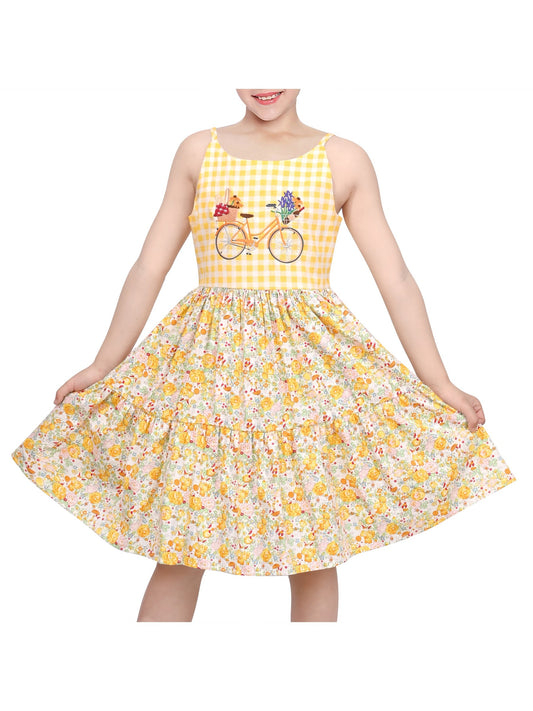 Girls Dress Yellow Gingham Bicycle Embroidery Sleeveless Casual Summer Cotton Sundress Yellow Floral Gingham