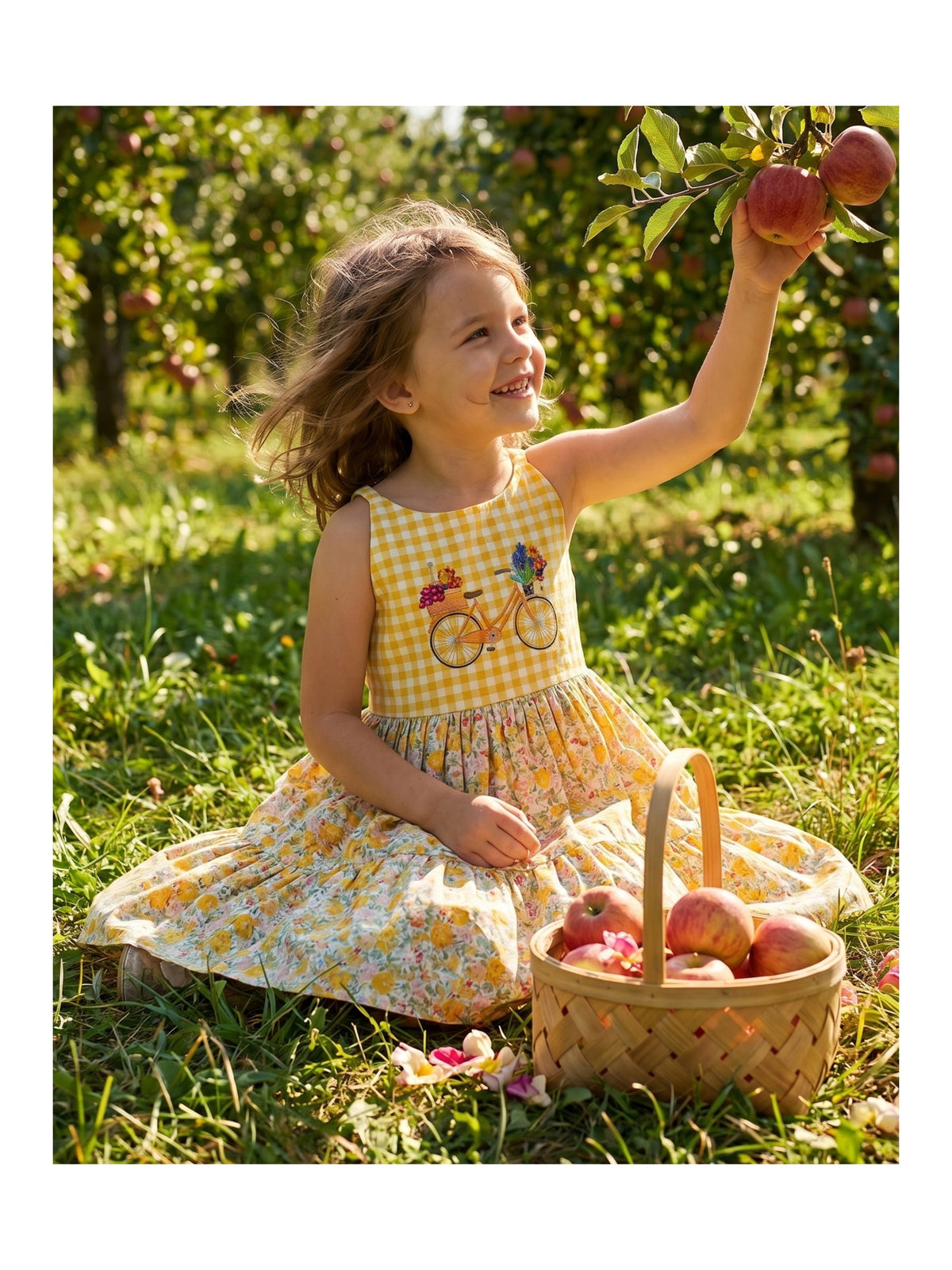 Girls Dress Yellow Gingham Bicycle Embroidery Sleeveless Casual Summer Cotton Sundress Yellow Floral Gingham
