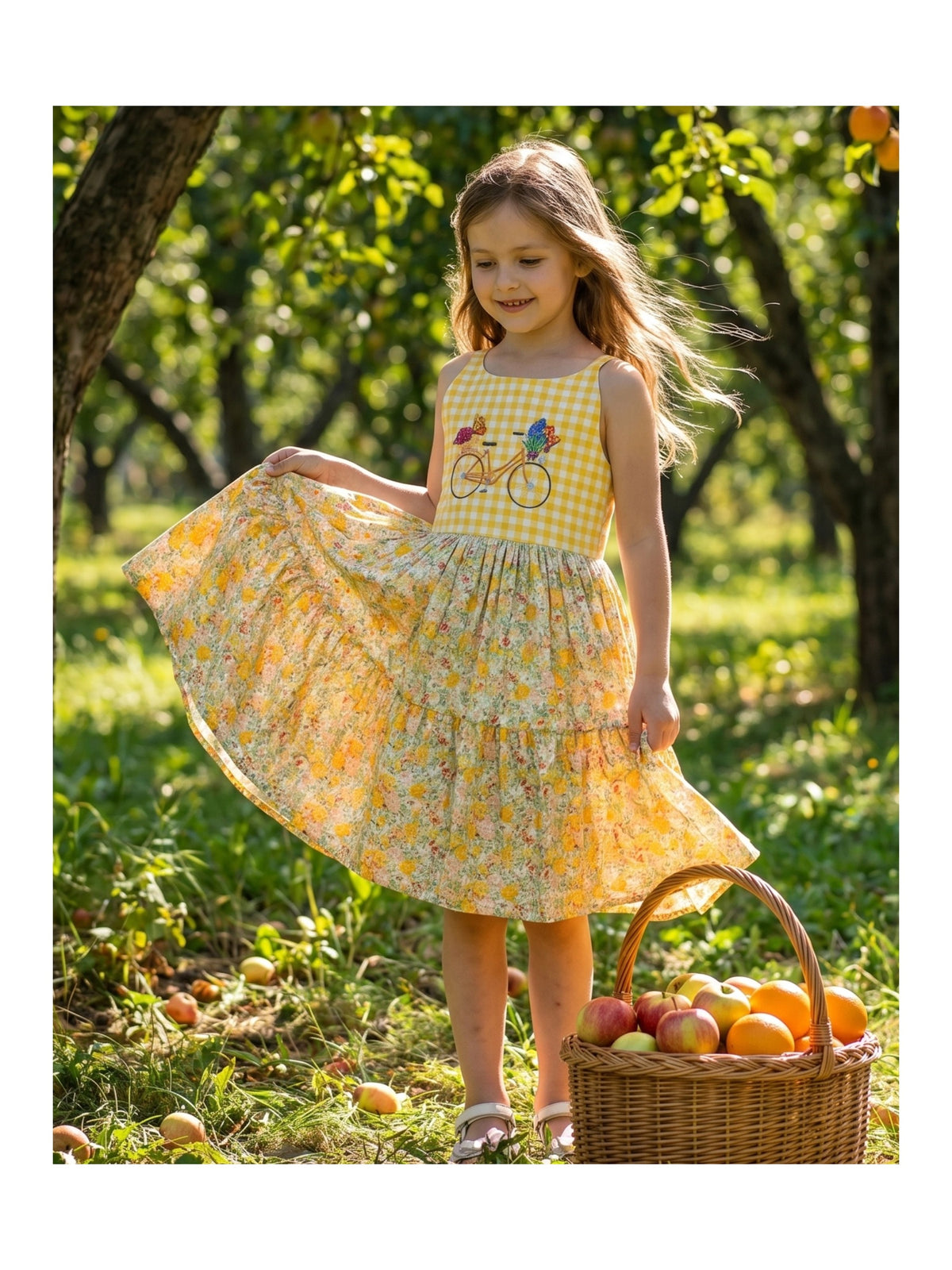 Girls Dress Yellow Gingham Bicycle Embroidery Sleeveless Casual Summer Cotton Sundress Yellow Floral Gingham
