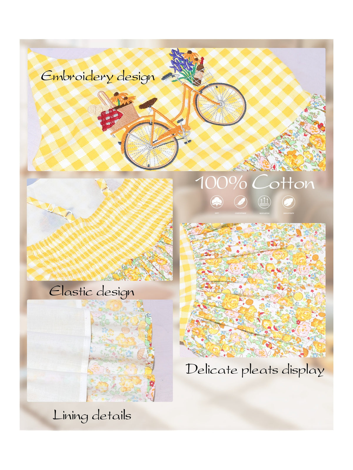 Girls Dress Yellow Gingham Bicycle Embroidery Sleeveless Casual Summer Cotton Sundress Yellow Floral Gingham