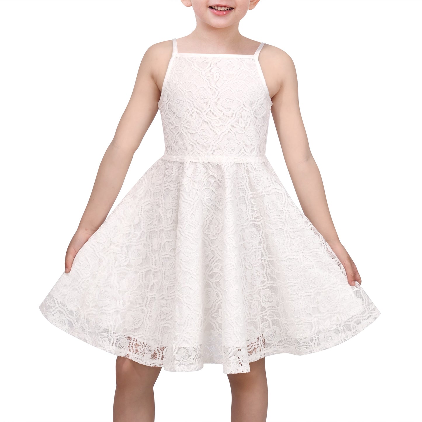 Girls Dress Lace Overlay Spaghetti Strap Flared Back Bow Party Recital White Floral Lace